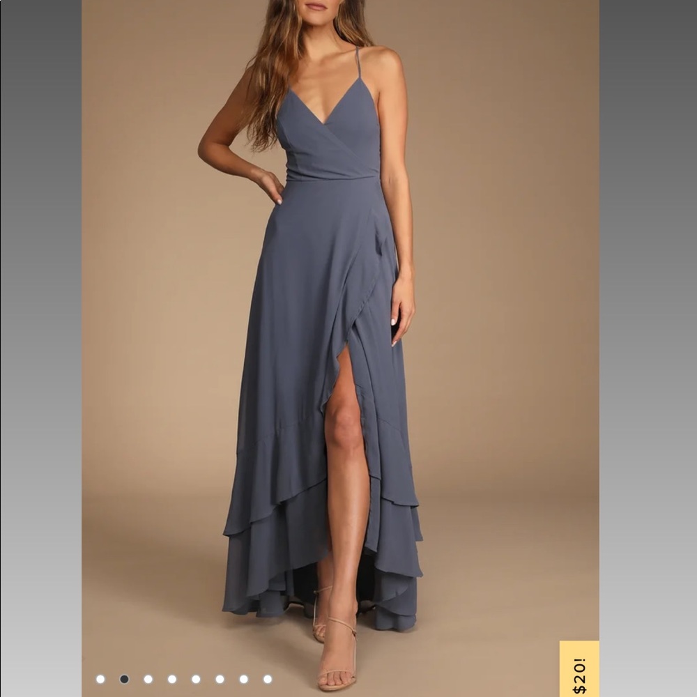 Lulu’s In Love Forever Granite Blue Lace-Up High Low Maxi Dress Size Medium